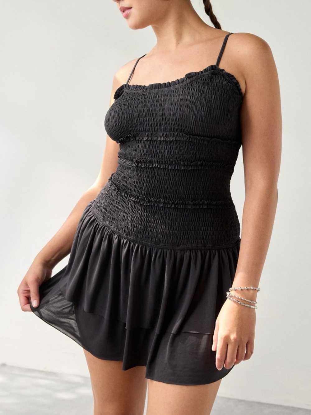 🟤NWT URBAN OUTFITTERS Heide Smocked Drop Waist Mini Dress in Black